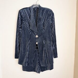 Vintage Short Set-Blue Velvet and Black Mesh Suit Jacket and Fitted Short